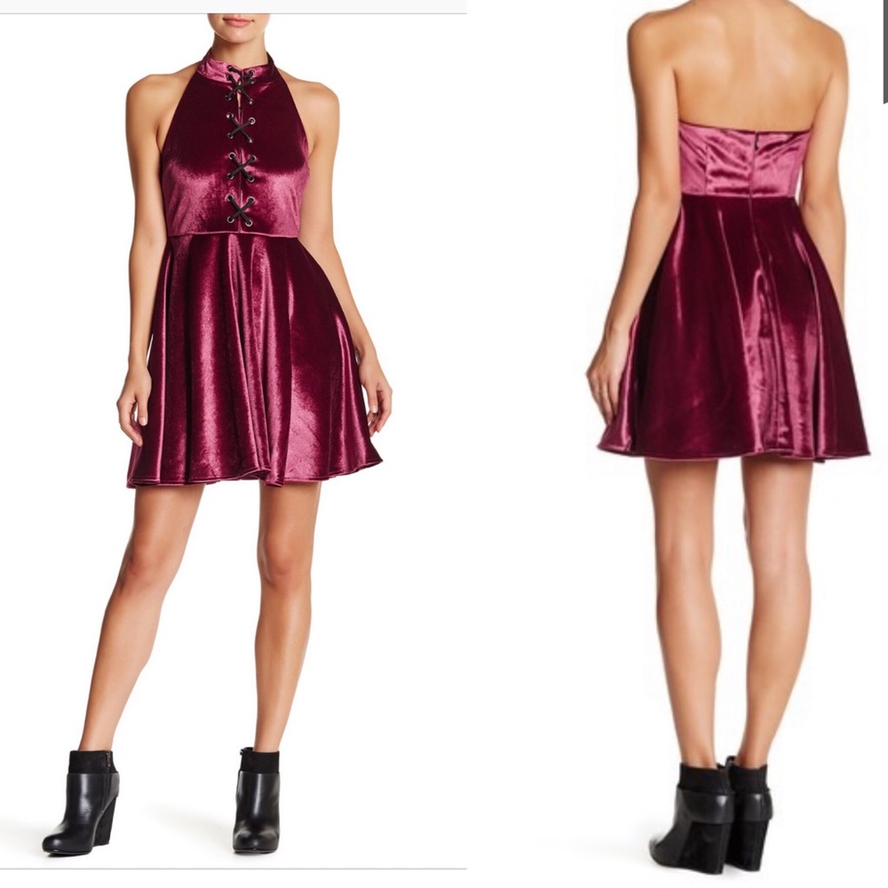 Velvet Halter Fit & Flare Dress in Deep Berry